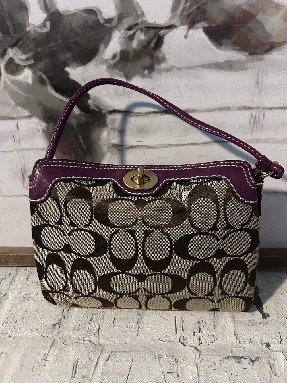 Coach Vintage Brown Signature Canvas Wristlet with Purple Trim